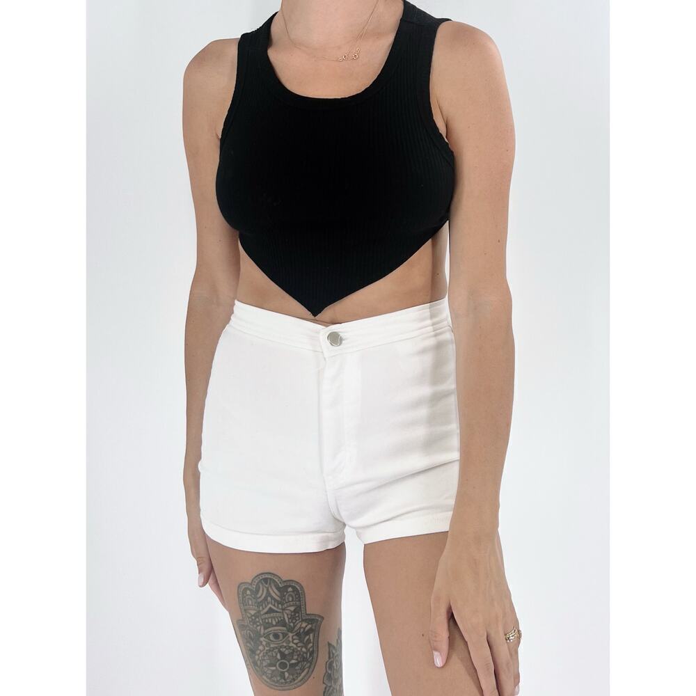 Women's Black Ribbed Crewneck Asymmetrical Hem Bandana Crop Top Size XS